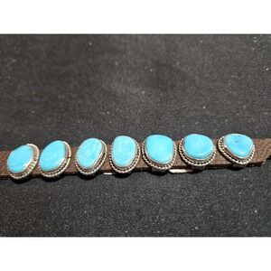 Native American Leather .925 Silver And 7 Navajo Turquoise Nuggets Bracelet